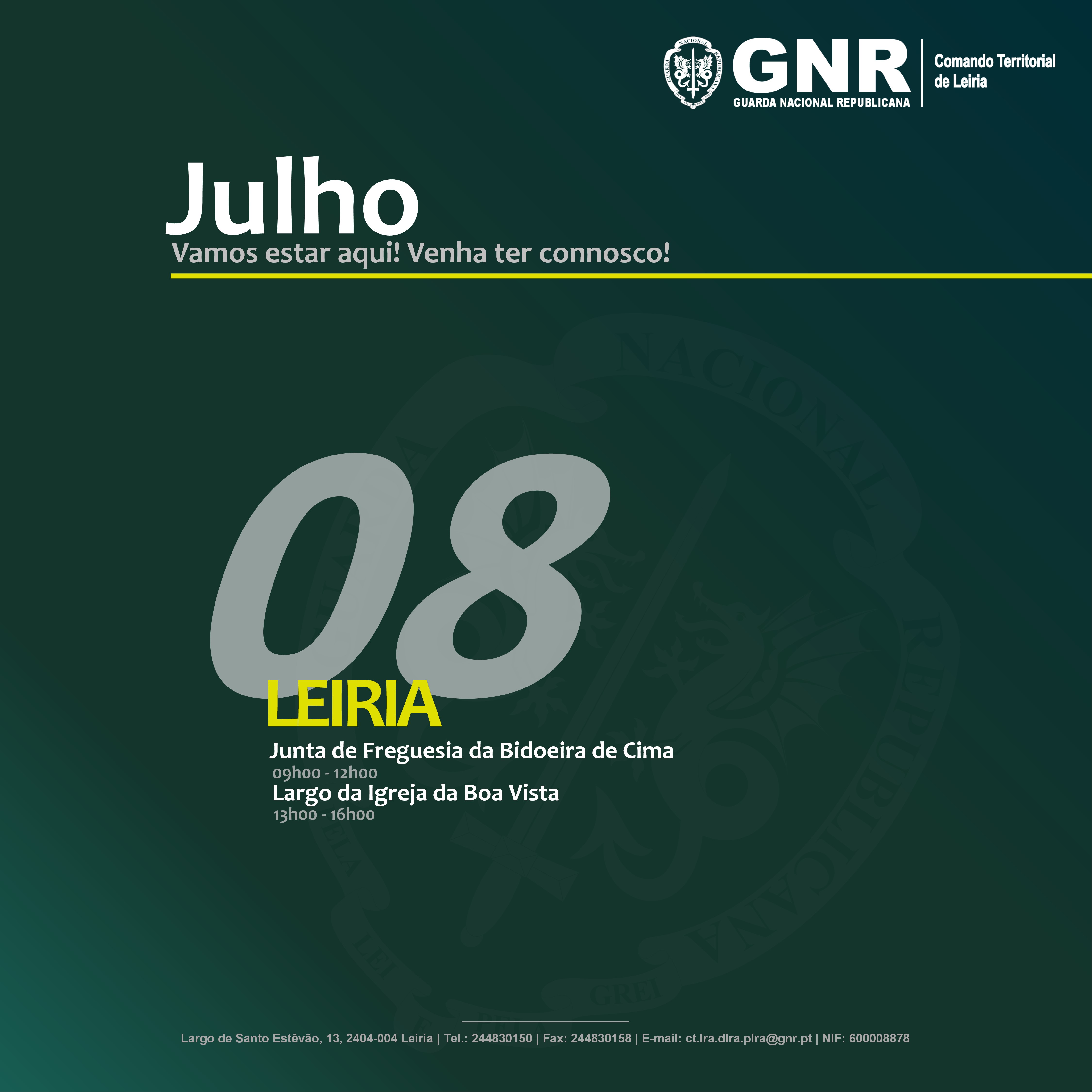 Imagem GNR  - 8 de julho - das 9h00 às 12h00 - Junta de Freguesia de Bidoeira de Cima