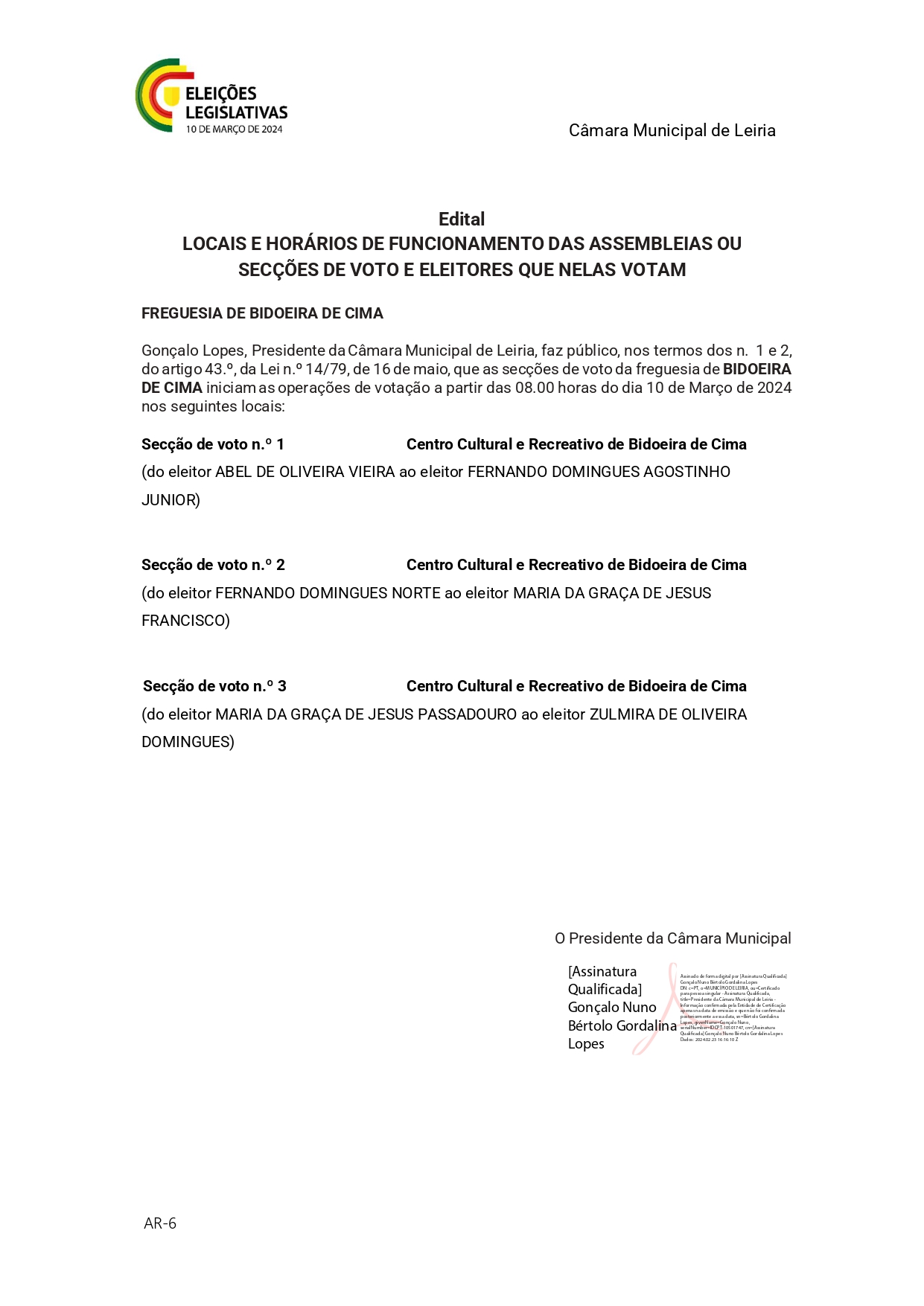 Imagem Eleições Legislativas - LOCAIS E HORÁRIOS DE FUNCIONAMENTO DAS ASSEMBLEIAS OU SECÇÕES DE VOTO E ELEITORES QUE NELAS VOTAM