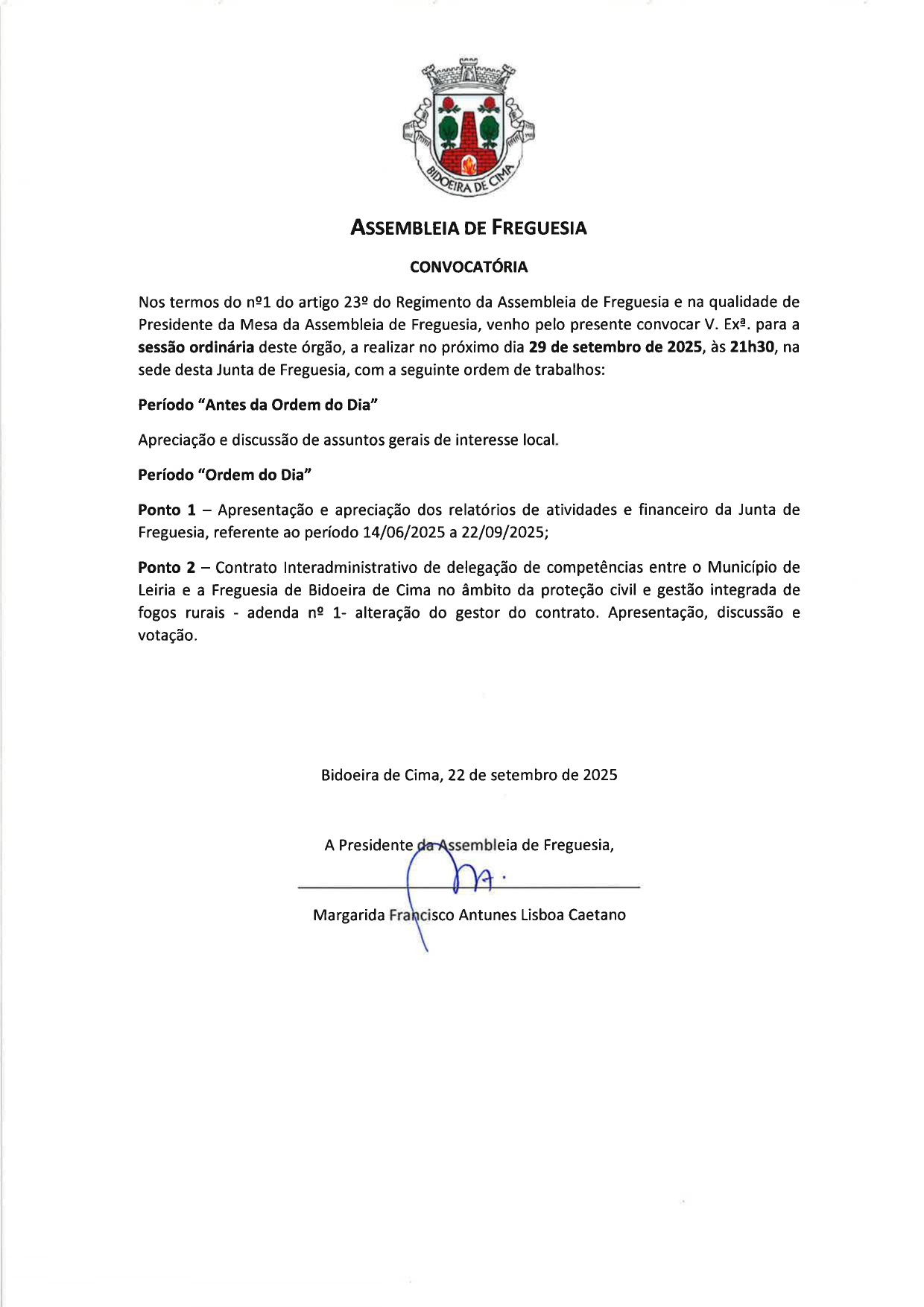 Notícia Assembleia de Freguesia - 29 setembro - 21h30 - Sala Polivalente