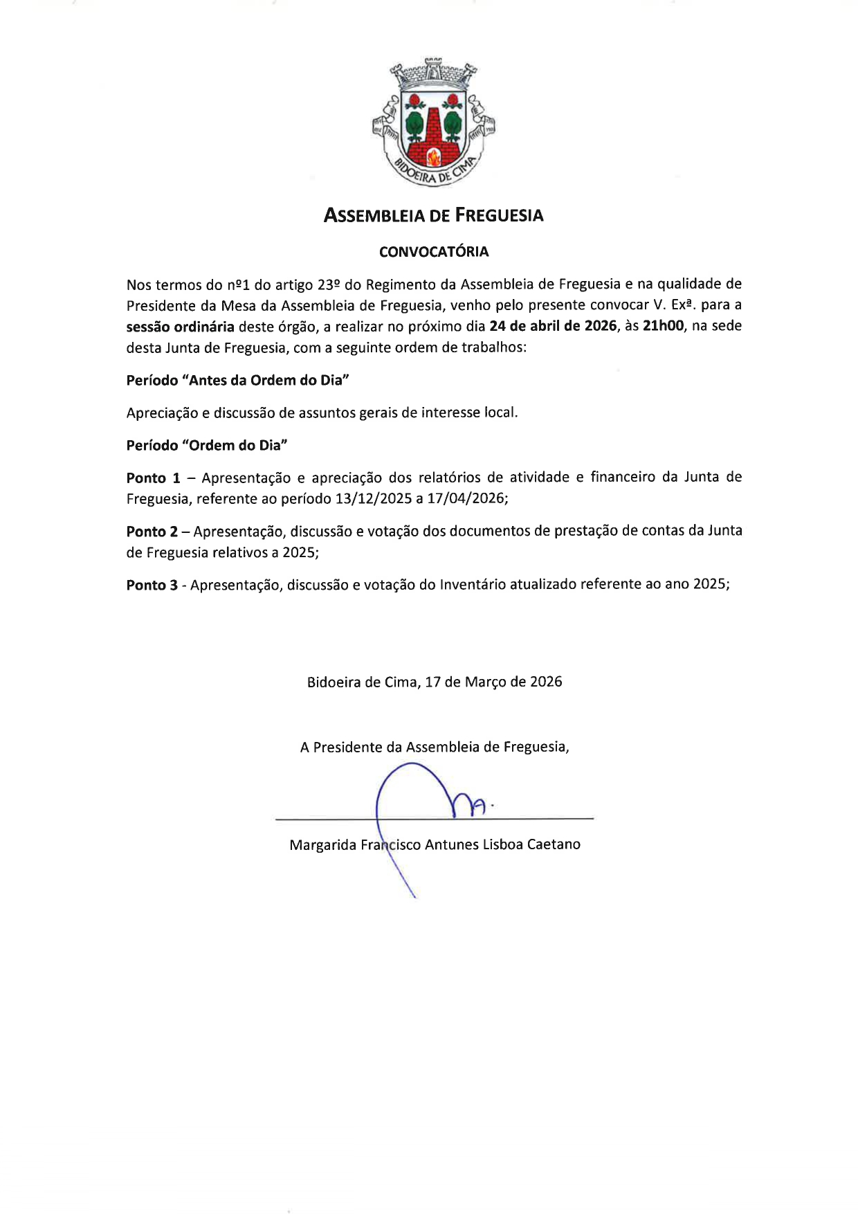 Notícia Assembleia de Freguesia - 24 abril - 21h00