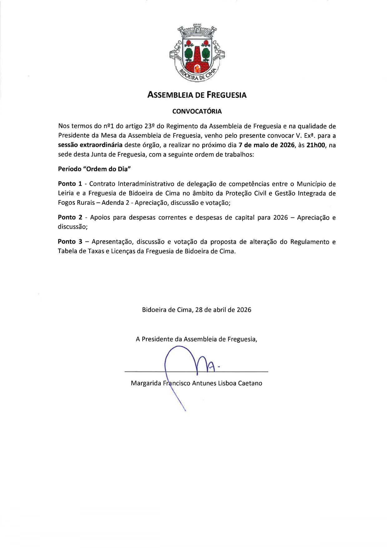 Notícia Assembleia de Freguesia Extraordinária - 7 de maio - 21h00