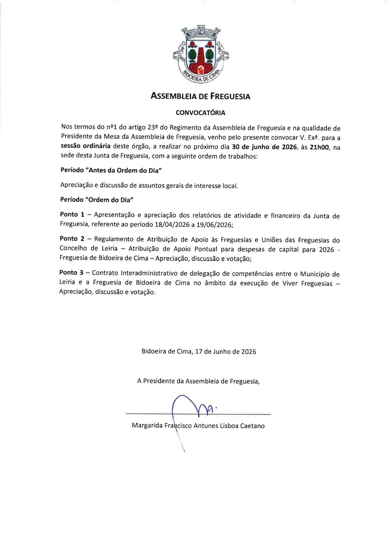Notícia Assembleia de Freguesia - 30 de Junho - 21h00