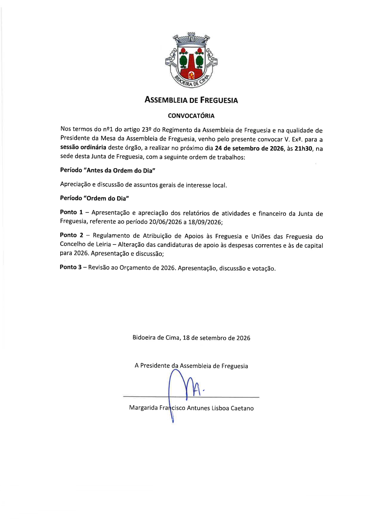 Notícia Assembleia de freguesia - dia 24 setembro - 21h30