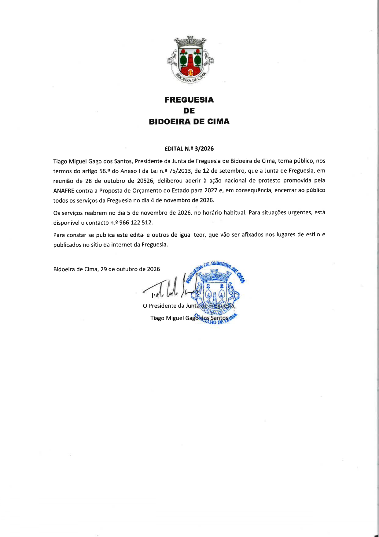 Notícia Ação nacional de encerramento de serviços no dia 4 de novembro de 2026